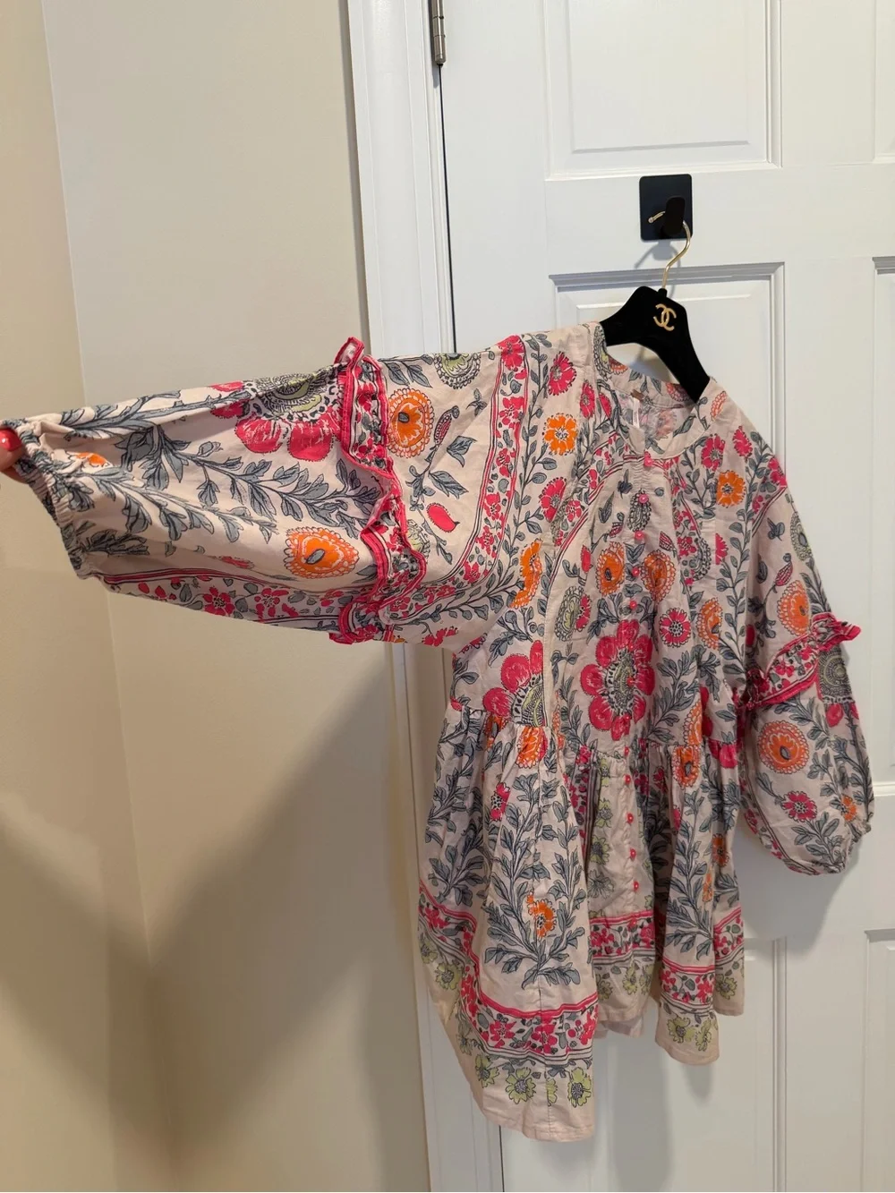 Free People Avery Tunic Puff Sleeves Cinched Waist Floral Peasant Statement Top
